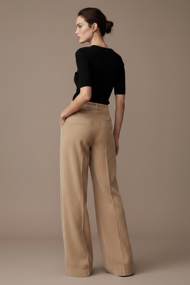 Pantalon Fluide Beige Côtelé Ample Taille Haute Femme - Cordé - vue 2