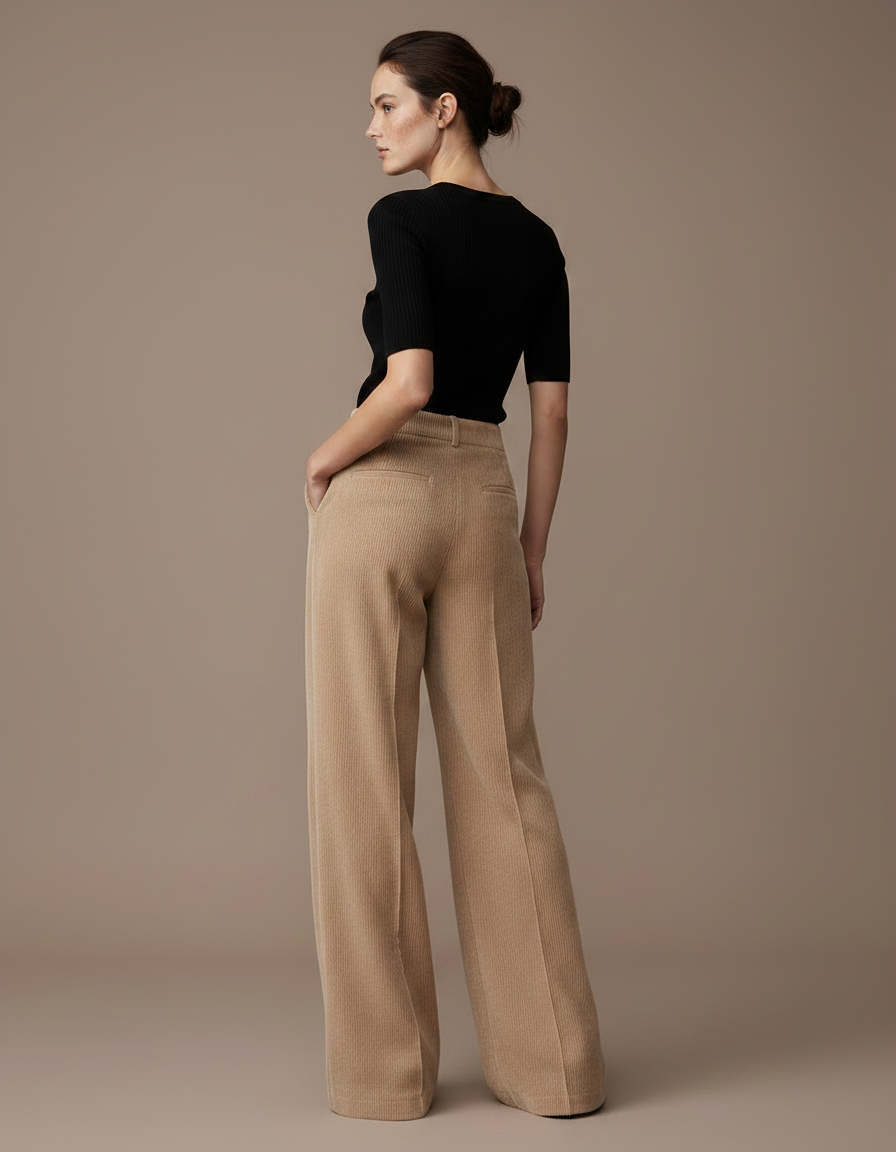 Pantalon Fluide Beige Côtelé Ample Taille Haute Femme - Cordé - vue 2