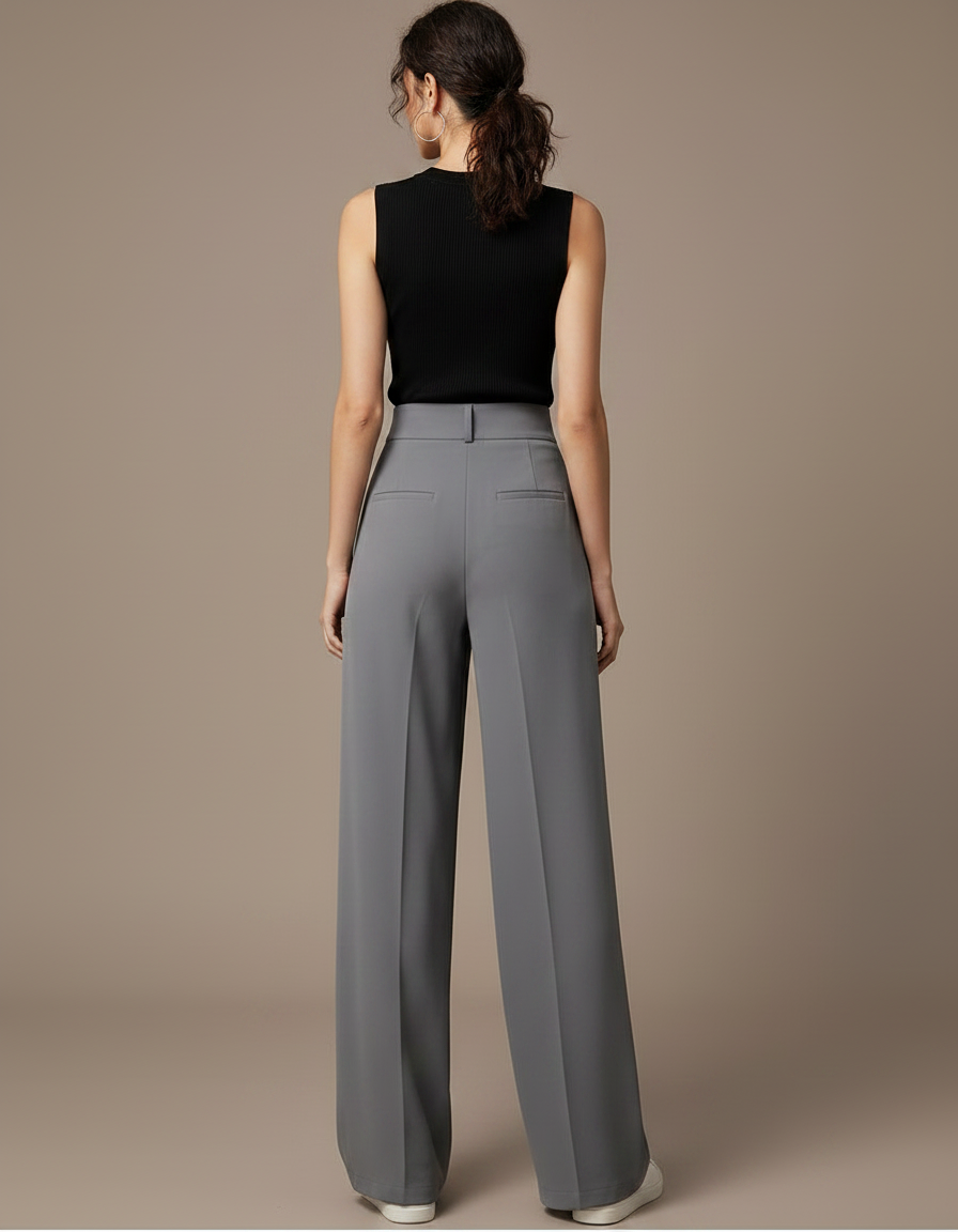 Pantalon Fluide Gris Ample Taille Haute Élégant - Polyester - vue 2