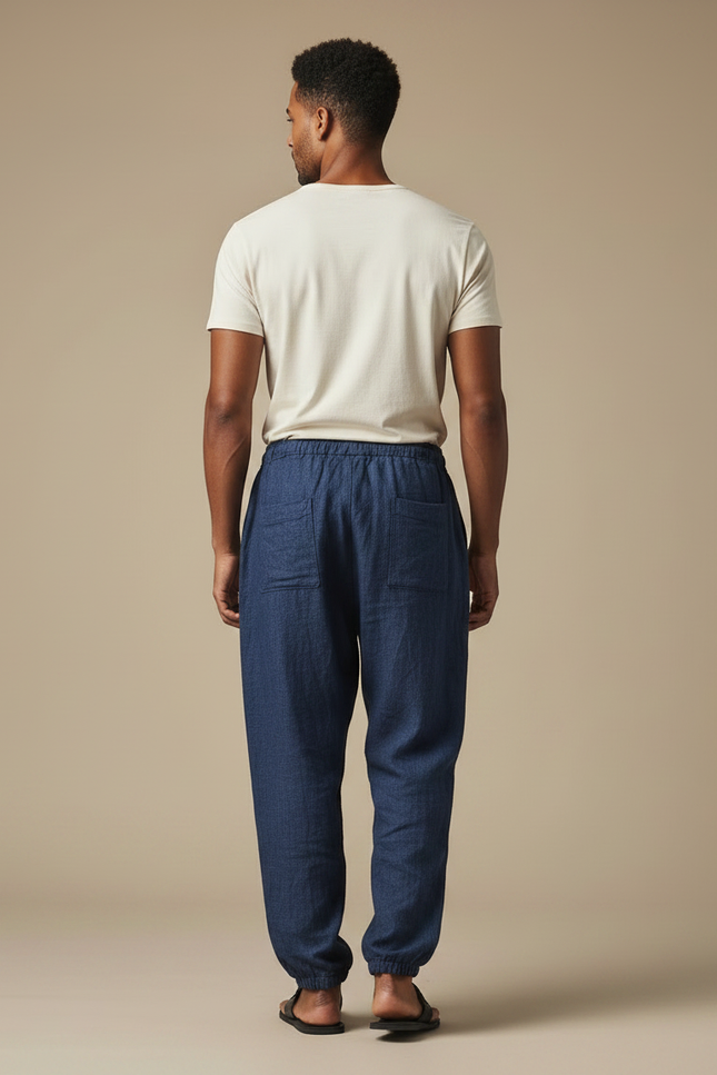 Pantalon Fluide Bleu Marine Ample Motifs Ethniques Jaunes Cordon - Lin - vue 2