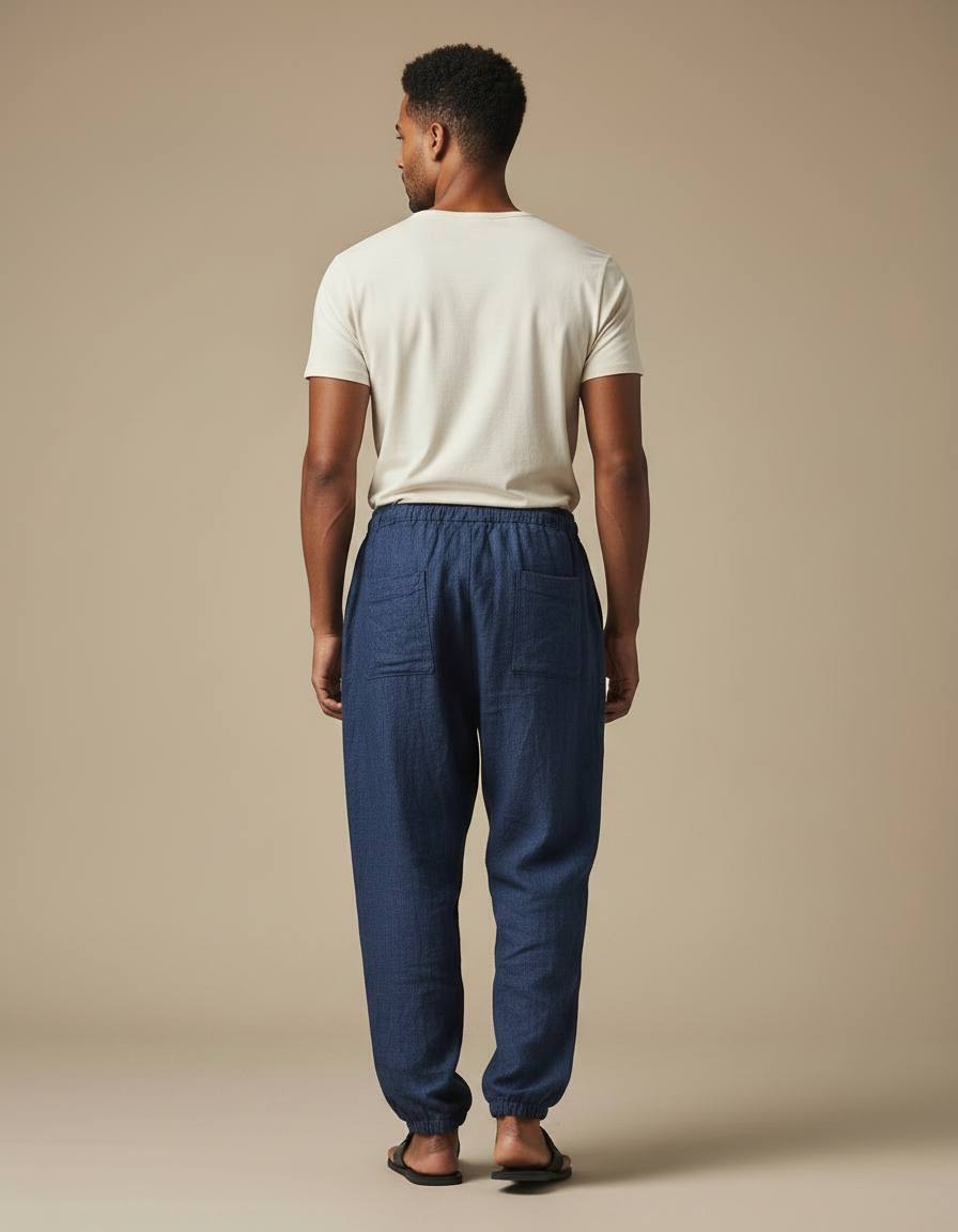 Pantalon Fluide Bleu Marine Ample Motifs Ethniques Jaunes Cordon - Lin - vue 2