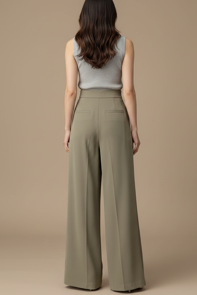 Pantalon Fluide Kaki Ample Taille Haute Élégant - Polyester - vue 2
