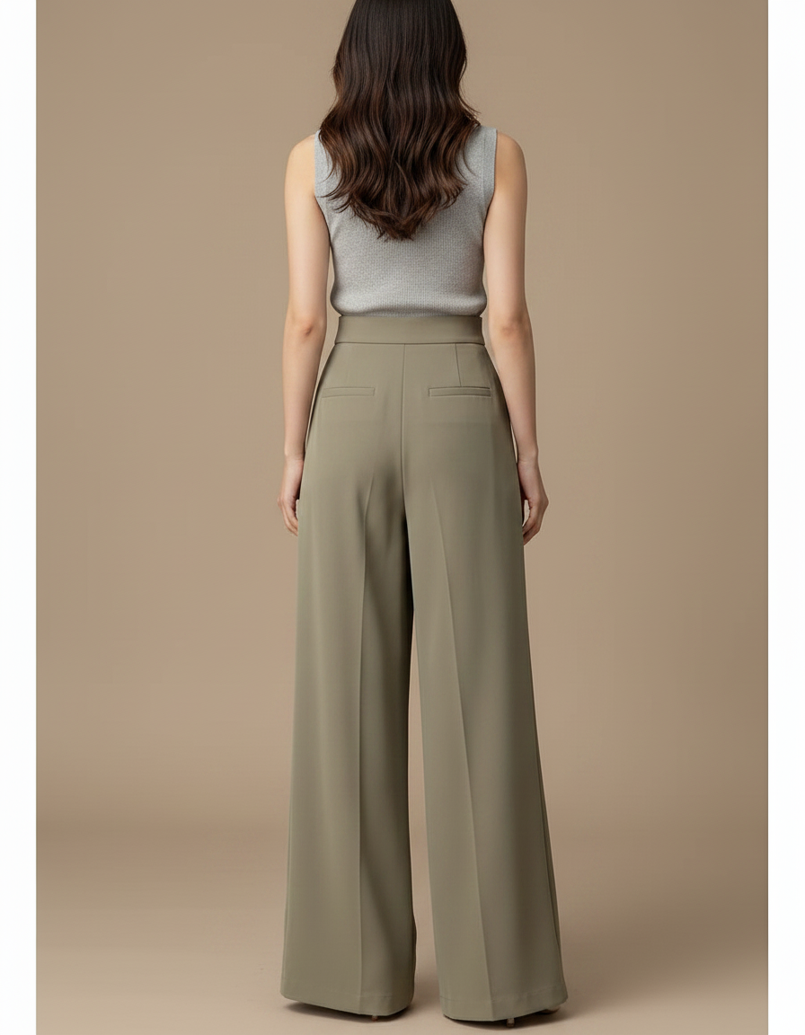 Pantalon Fluide Kaki Ample Taille Haute Élégant - Polyester - vue 2