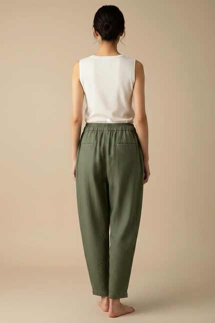 Pantalon Fluide Vert Militaire Ample Lin Harem Décontracté - vue 2