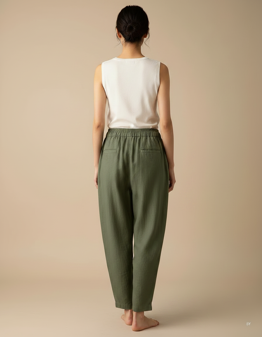 Pantalon Fluide Vert Militaire Ample Lin Harem Décontracté - vue 2