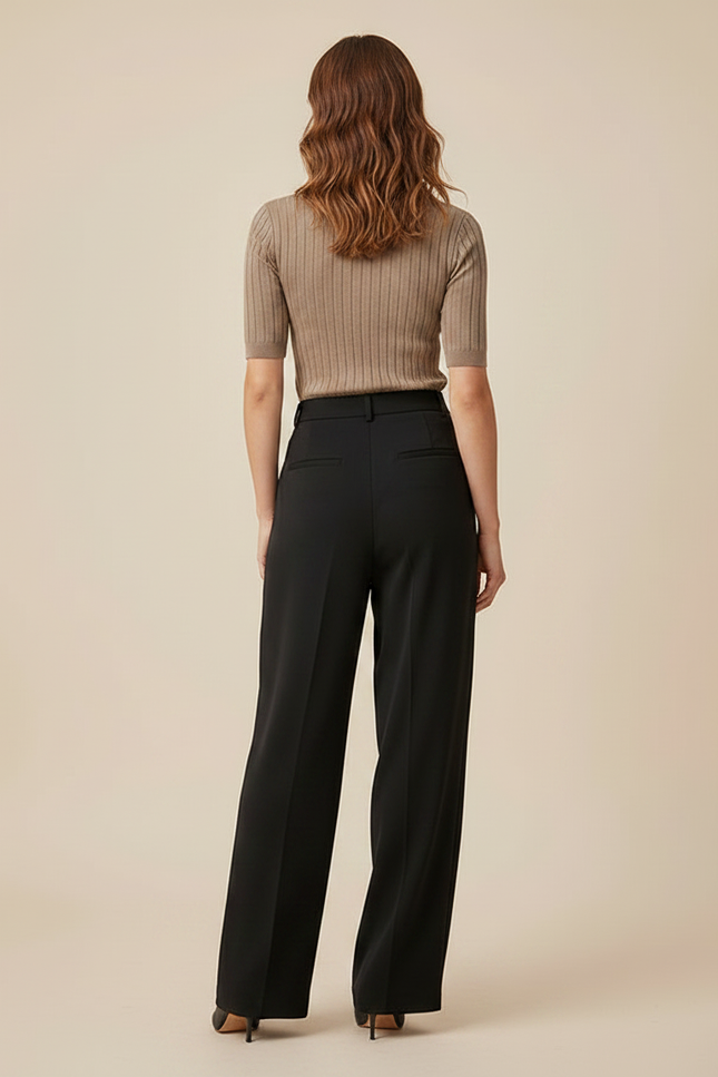 Pantalon Fluide Noir Ample Taille Haute Plissé Droit - Polyester - vue 2