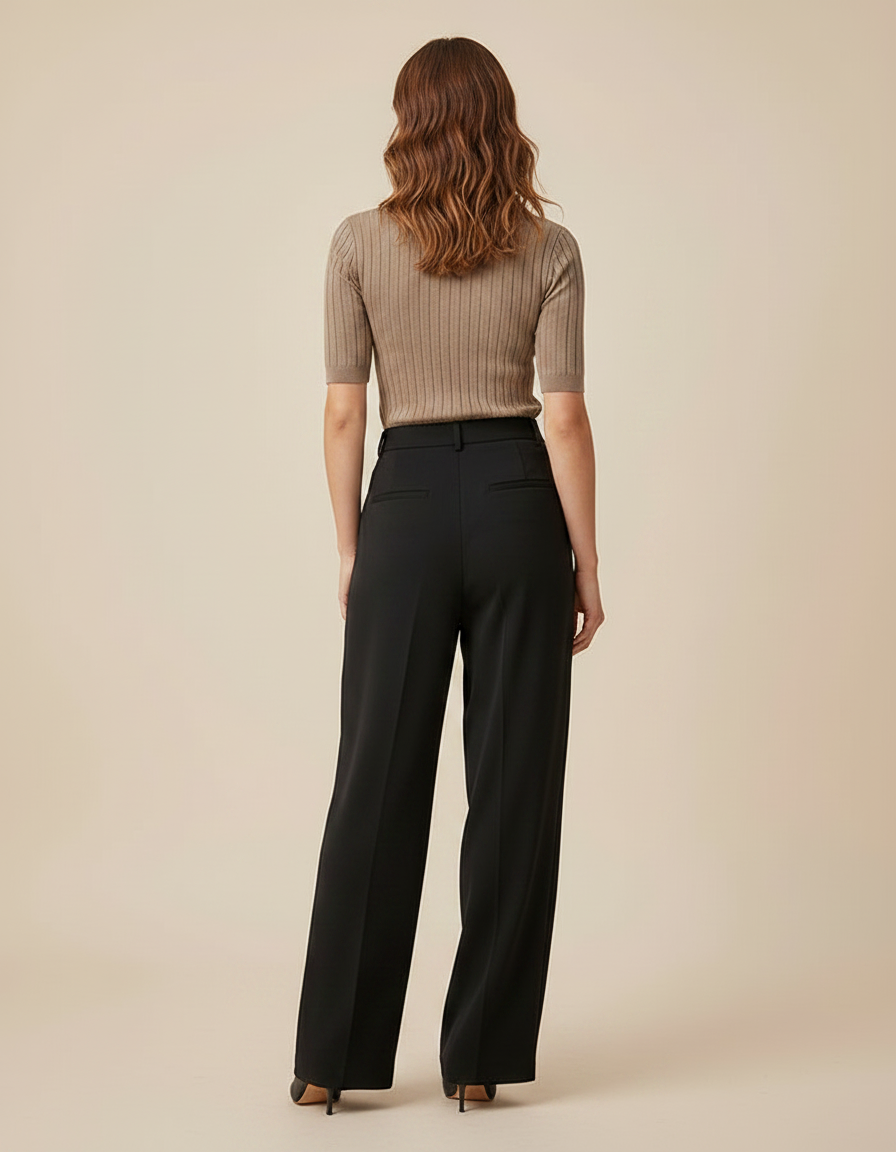 Pantalon Fluide Noir Ample Taille Haute Plissé Droit - Polyester - vue 2