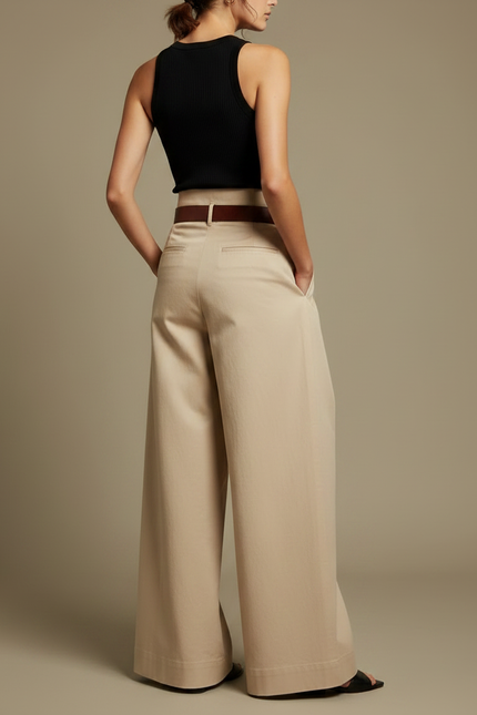 Pantalon Fluide Beige Plissé Ample Taille Haute Élégant - Gabardine - vue 2