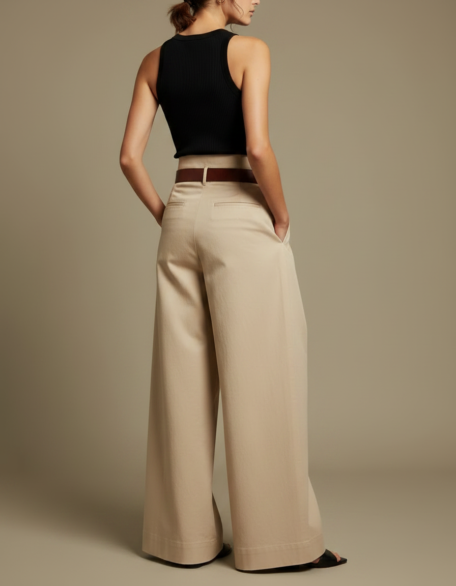 Pantalon Fluide Beige Plissé Ample Taille Haute Élégant - Gabardine - vue 2
