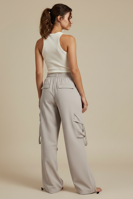 Pantalon Fluide Gris Ample Cargo Décontracté Léger - Polyester - vue 2
