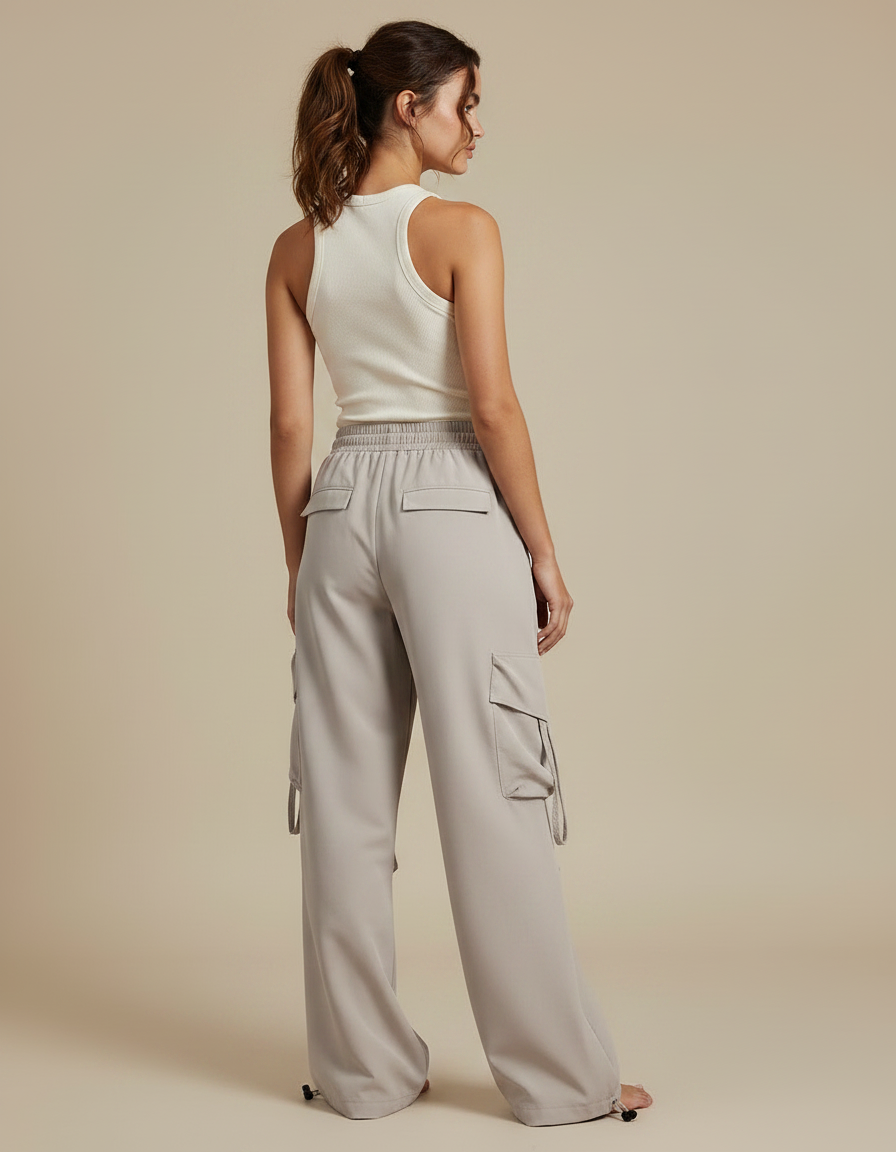 Pantalon Fluide Gris Ample Cargo Décontracté Léger - Polyester - vue 2