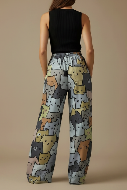 Pantalon Fluide Imprimé Chats Ample Décontracté Coloré - Multicolore Satin - vue 2
