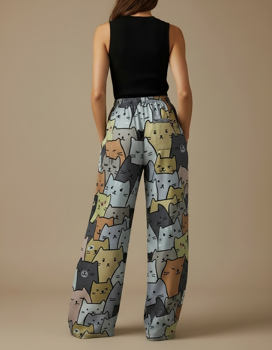 Pantalon Fluide Imprimé Chats Ample Décontracté Coloré - Multicolore Satin - vue 2