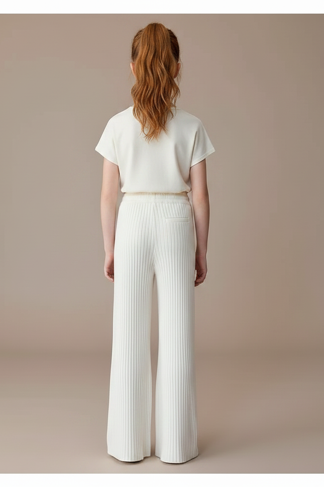 Pantalon Fluide Blanc Côtelé Ample Décontracté Enfant - Maille - vue 2
