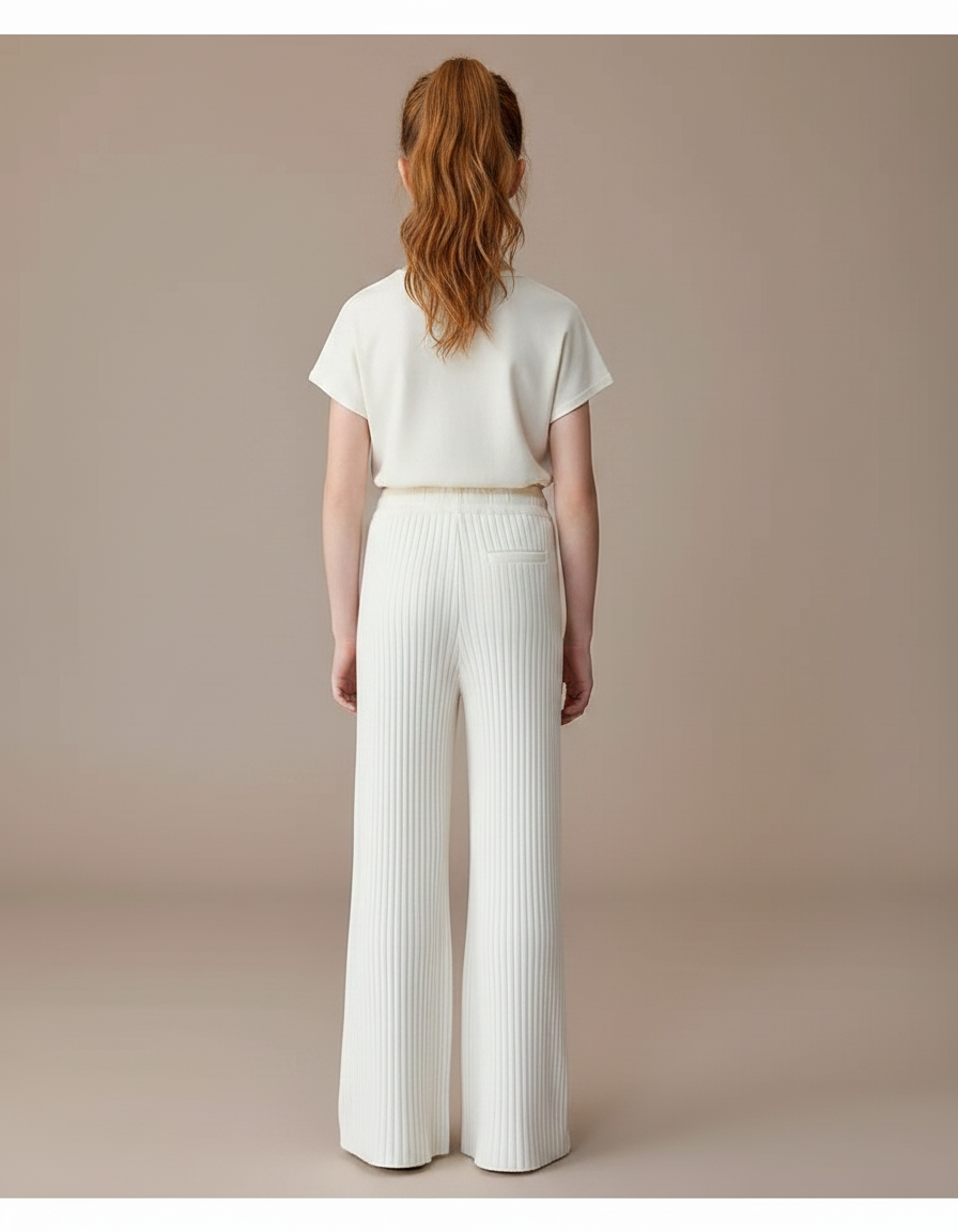 Pantalon Fluide Blanc Côtelé Ample Décontracté Enfant - Maille - vue 2