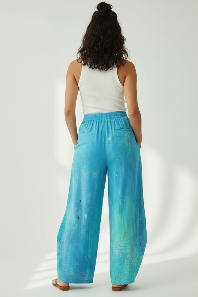 Pantalon Fluide Bleu Imprimé Chien Ample Décontracté - Viscose - vue 2