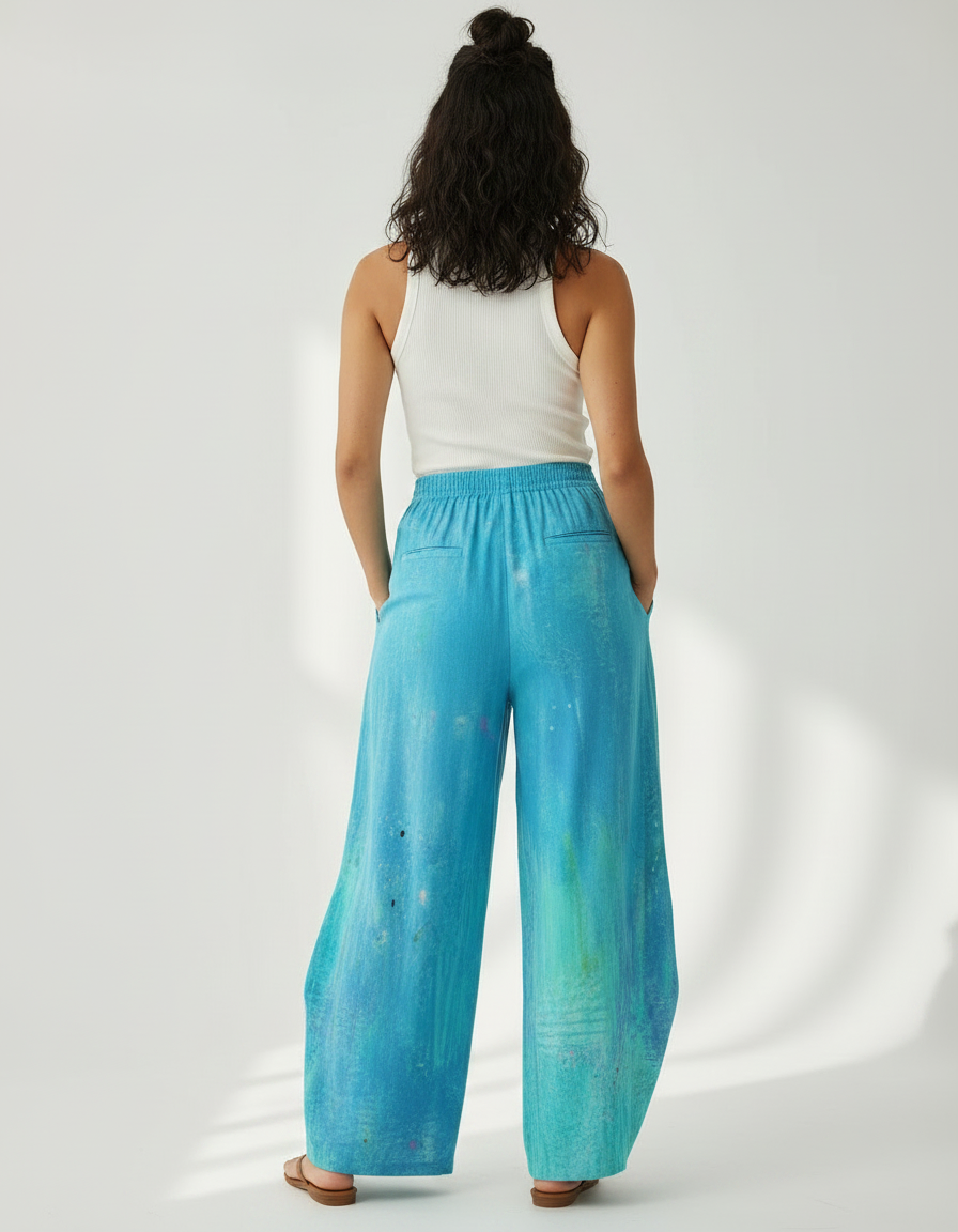 Pantalon Fluide Bleu Imprimé Chien Ample Décontracté - Viscose - vue 2