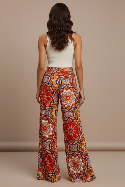 Pantalon Fluide Imprimé Floral Ample Bohème Éléments Géométriques - Multicolore Viscose - vue 2