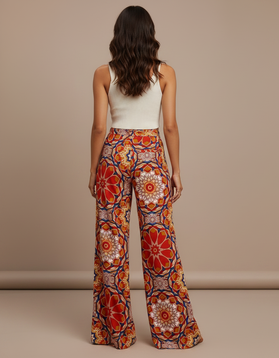 Pantalon Fluide Imprimé Floral Ample Bohème Éléments Géométriques - Multicolore Viscose - vue 2