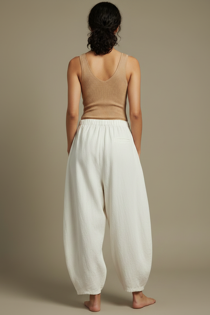 Pantalon Fluide Blanc Ample Taille Élastique Coton Lin - vue 2
