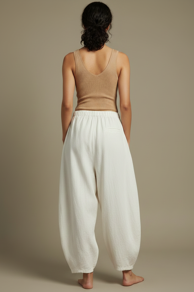 Pantalon Fluide Blanc Ample Taille Élastique Coton Lin - vue 2