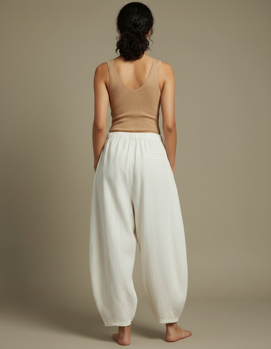 Pantalon Fluide Blanc Ample Taille Élastique Coton Lin - vue 2