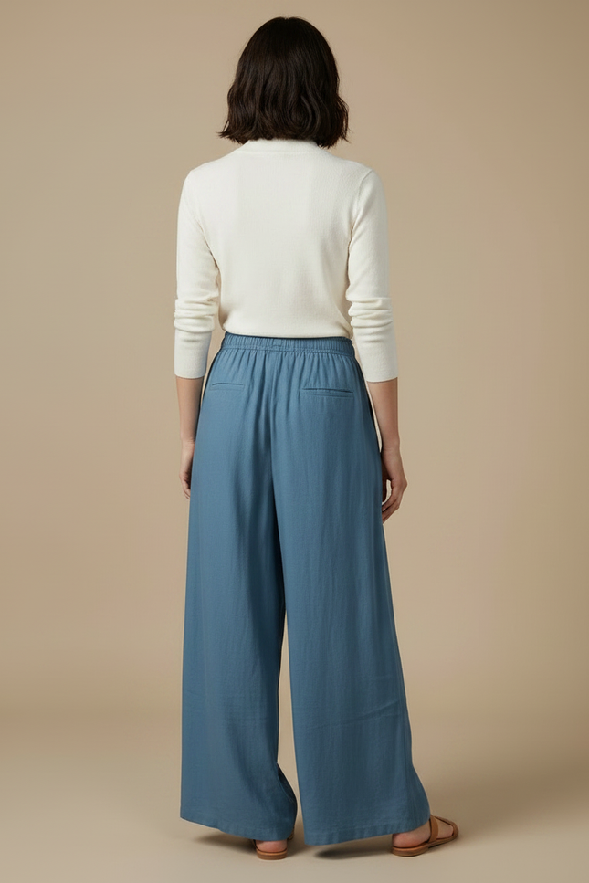 Pantalon Fluide Bleu Coton Lin Ample Décontracté - vue 2