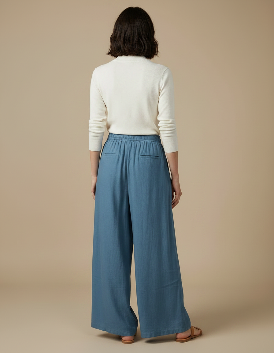 Pantalon Fluide Bleu Coton Lin Ample Décontracté - vue 2