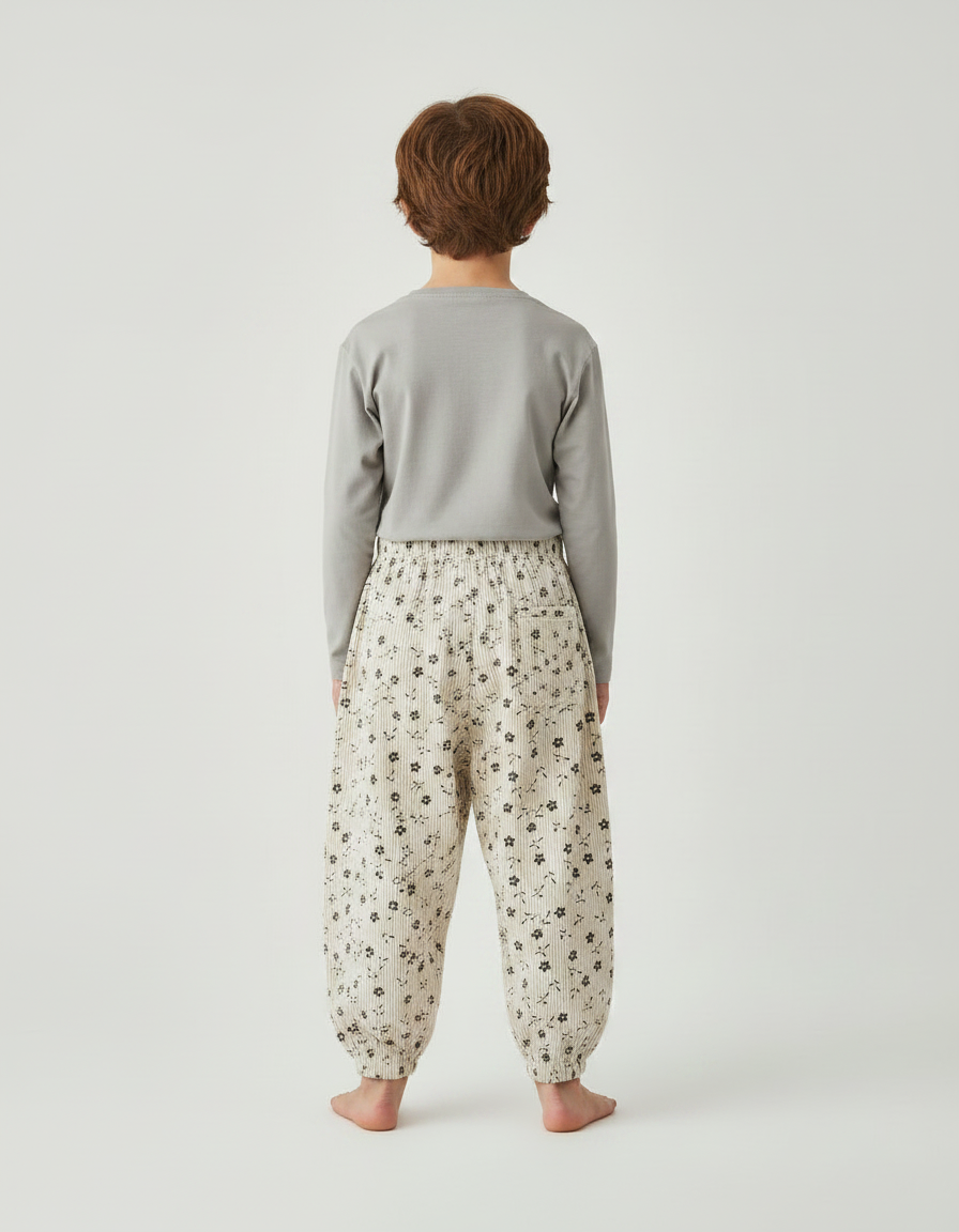Pantalon Fluide Côtelé Beige Ample Fleuri Enfant - Cordé - vue 2