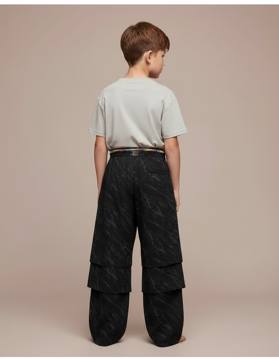 Pantalon Fluide Noir Superposé Marbré Ample Enfant - Viscose - vue 2