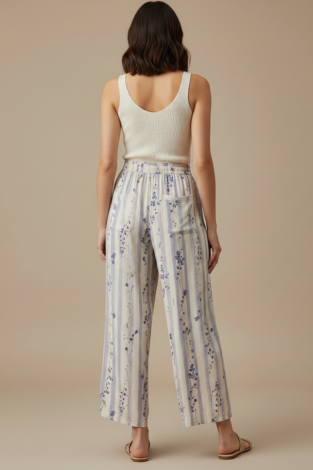 Pantalon Fluide Rayé Floral Ample Léger Estival - Imprimé Viscose - vue 2