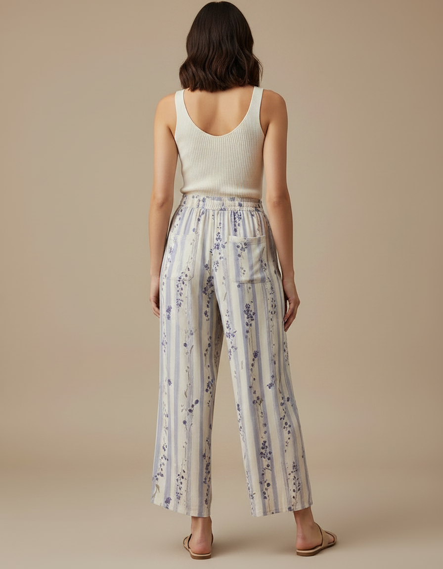 Pantalon Fluide Rayé Floral Ample Léger Estival - Imprimé Viscose - vue 2