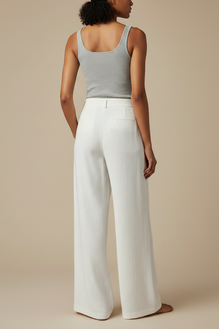Pantalon Fluide Blanc Ample Taille Haute Décontracté Élégant - Lin - vue 2