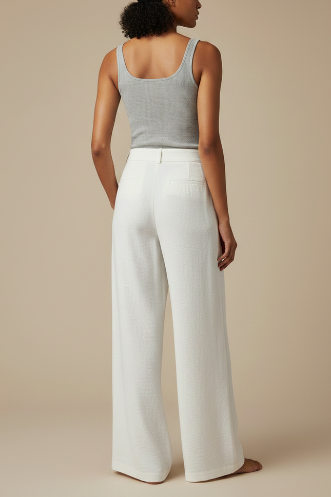 Pantalon Fluide Blanc Ample Taille Haute Décontracté Élégant - Lin - vue 2