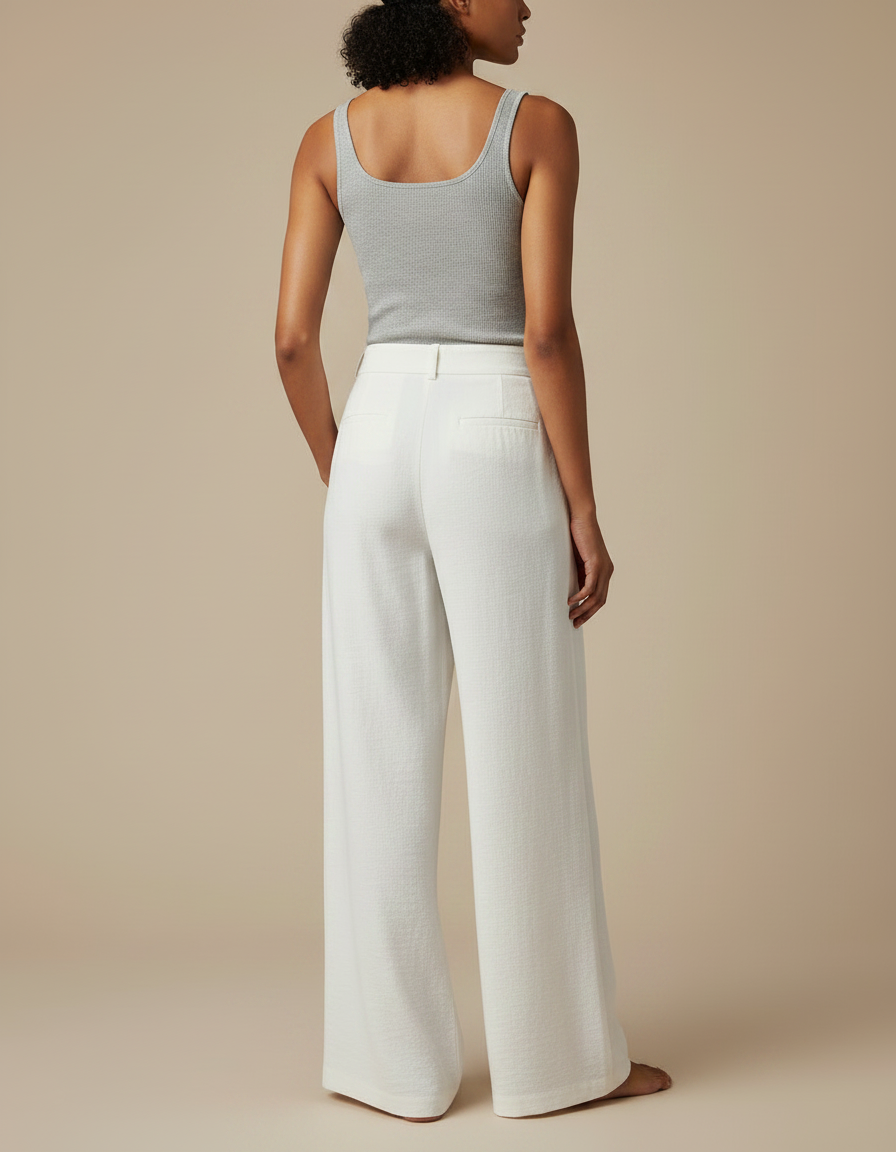 Pantalon Fluide Blanc Ample Taille Haute Décontracté Élégant - Lin - vue 2