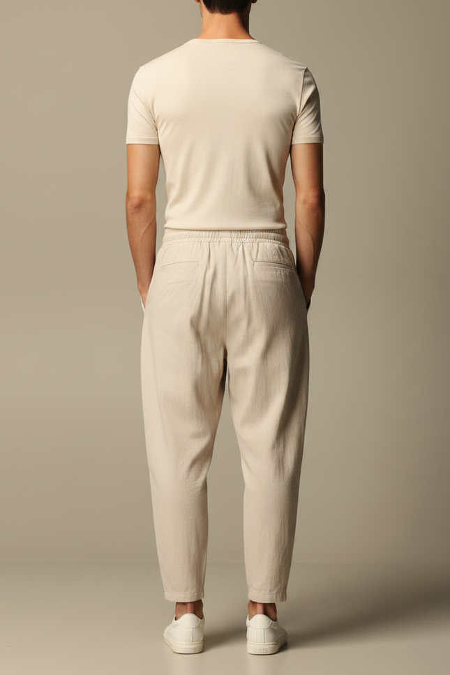 Pantalon Fluide Beige Coton Ample Décontracté Homme Cordon - vue 2