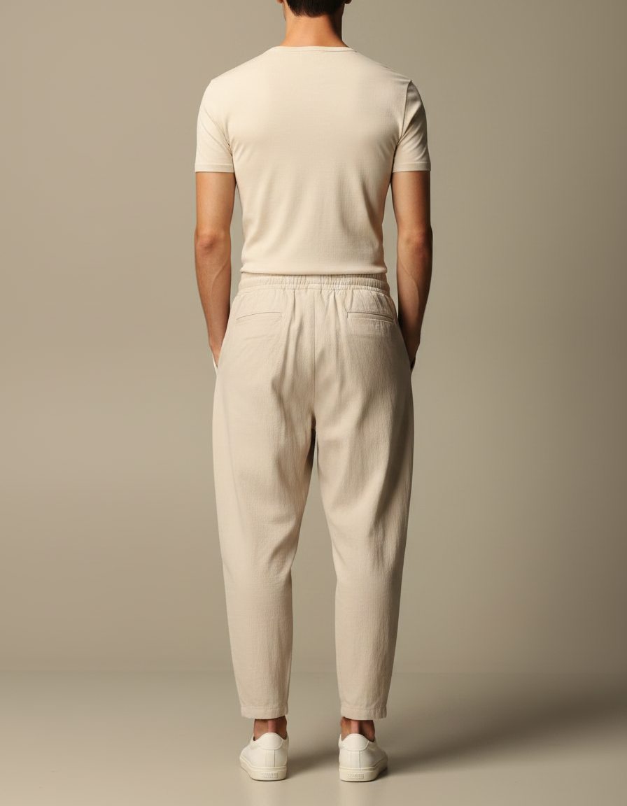 Pantalon Fluide Beige Coton Ample Décontracté Homme Cordon - vue 2