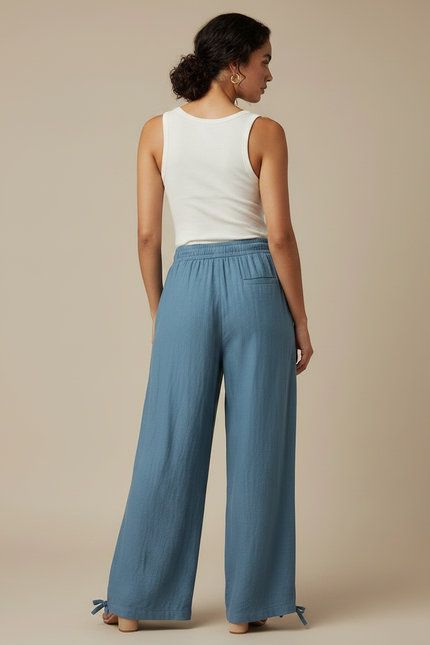 Pantalon Fluide Bleu Ciel Ample Coton Lin Femme - vue 2