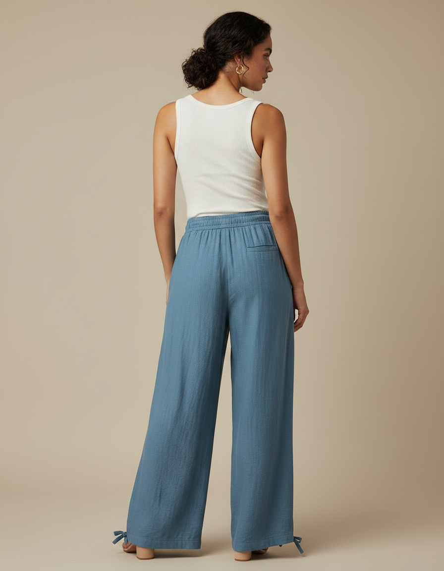 Pantalon Fluide Bleu Ciel Ample Coton Lin Femme - vue 2