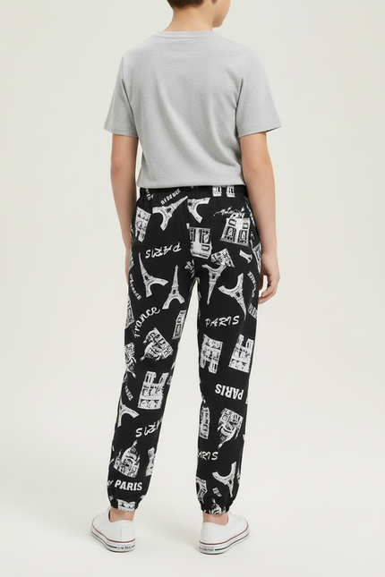 Pantalon Fluide Noir Imprimé Paris Coton Décontracté - vue 2