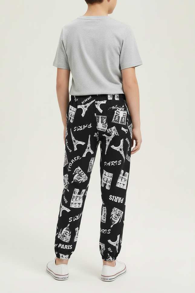 Pantalon Fluide Noir Imprimé Paris Coton Décontracté - vue 2