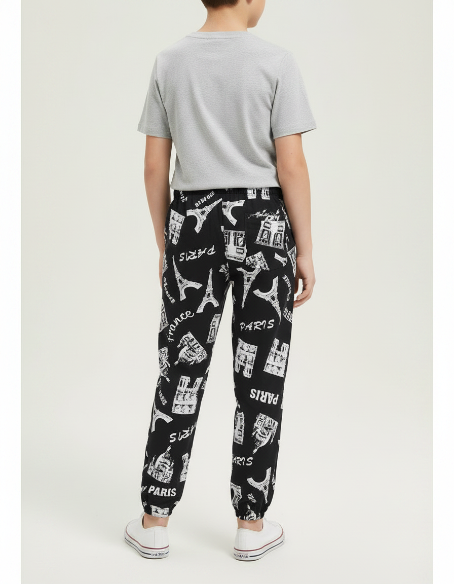 Pantalon Fluide Noir Imprimé Paris Coton Décontracté - vue 2