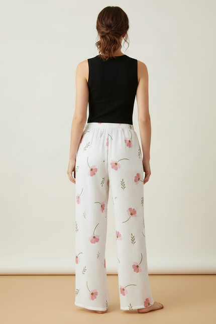 Pantalon Fluide Blanc Fleuri Coton Ample Décontracté - vue 2