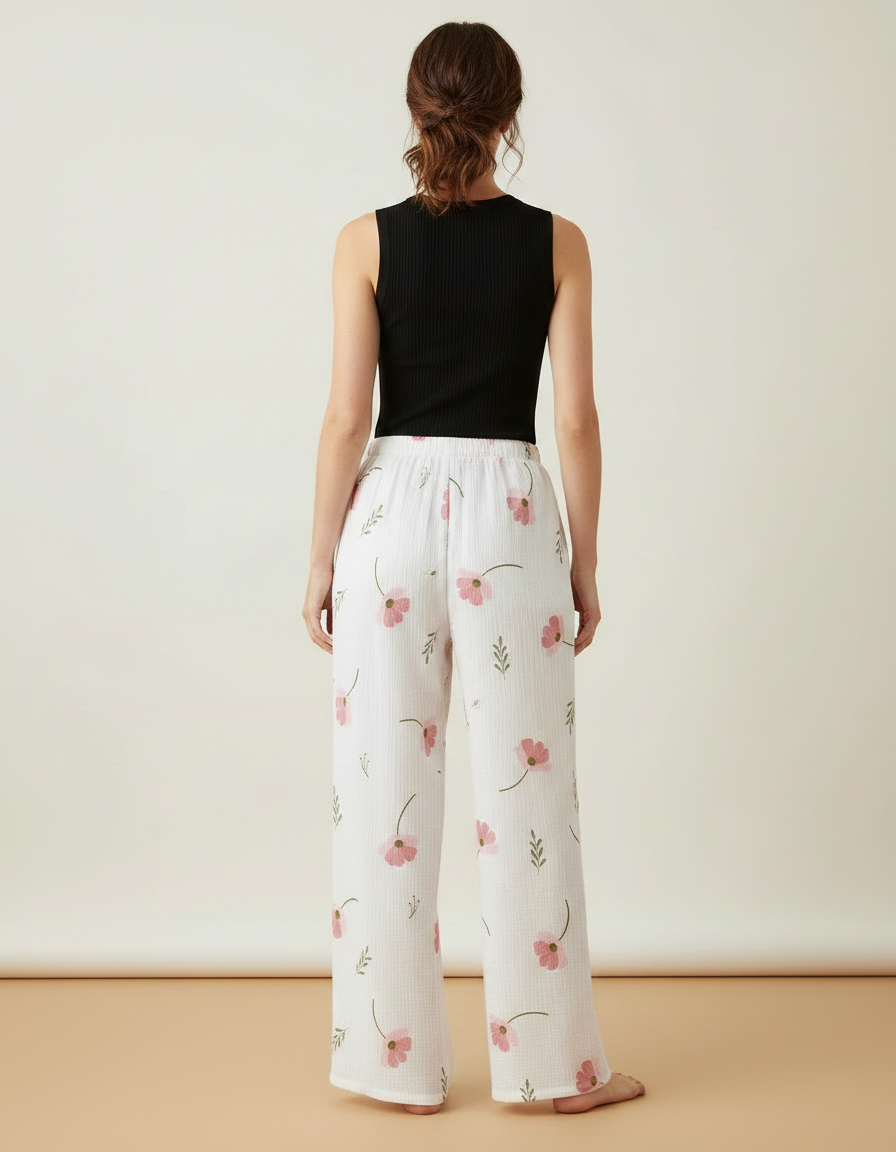 Pantalon Fluide Blanc Fleuri Coton Ample Décontracté - vue 2