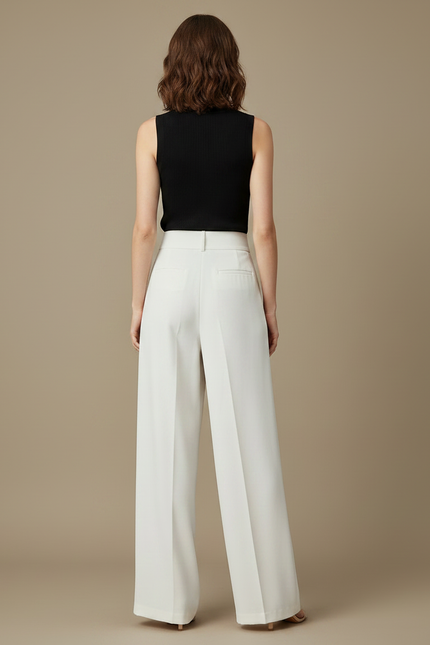 Pantalon Fluide Blanc Cassé Ample Taille Haute Élégant - Viscose - vue 2