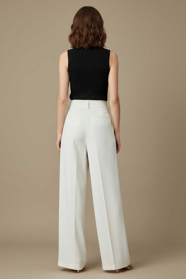 Pantalon Fluide Blanc Cassé Ample Taille Haute Élégant - Viscose - vue 2