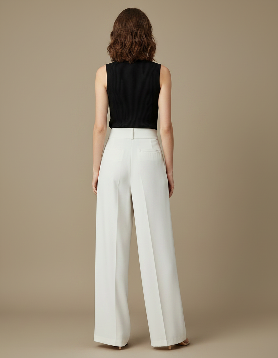Pantalon Fluide Blanc Cassé Ample Taille Haute Élégant - Viscose - vue 2