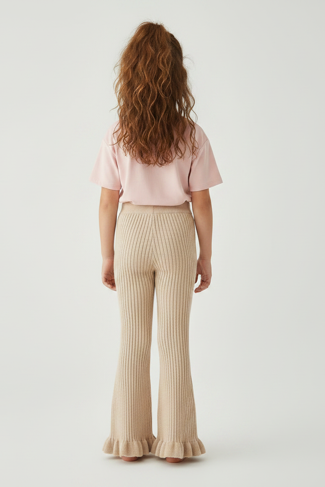 Pantalon Fluide Beige Côtelé Évasé Tricoté Fille - Maille - vue 2