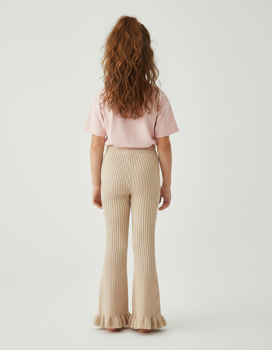 Pantalon Fluide Beige Côtelé Évasé Tricoté Fille - Maille - vue 2
