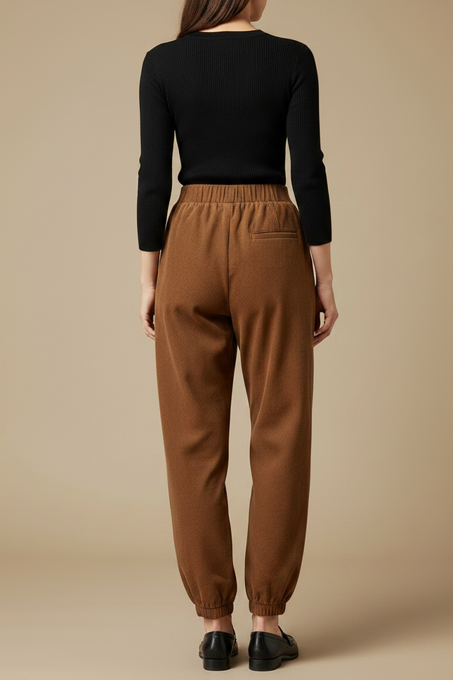 Pantalon Fluide Marron Ample Taille Élastique Hiver - Cordé - vue 2